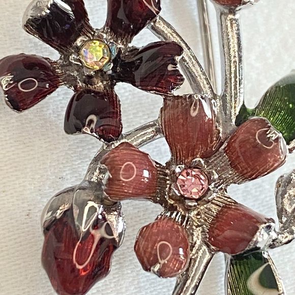 LC Flower Brooch Colorful Enamel And Rhinestones On Silver Tone Stem - Picture 5 of 11
